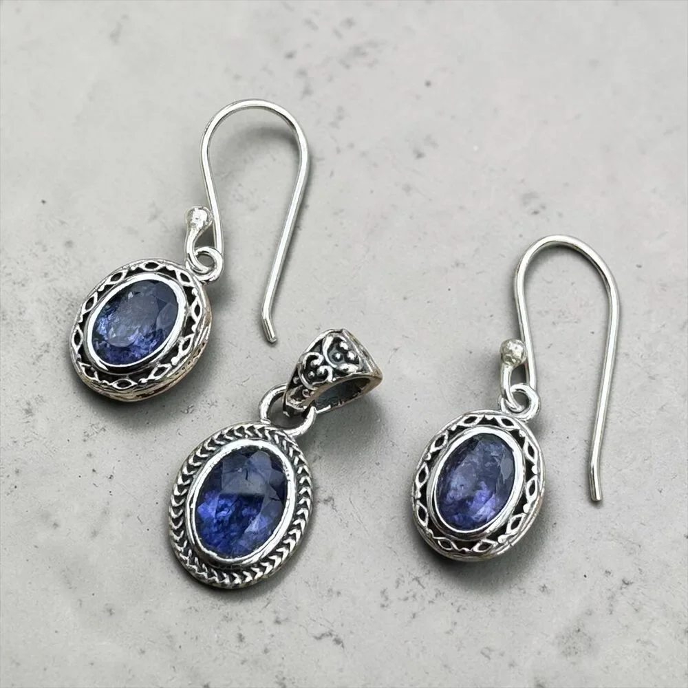 Tanzanite Solid 925 Sterling Silver Pendant Earrings Set